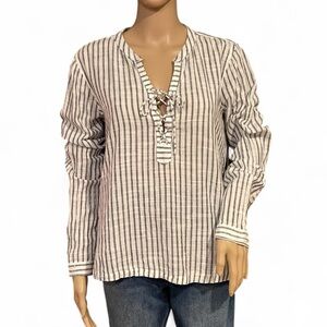 Abercrombie & Fitch White & Black Striped Lace Up Boho Top Size Large Cotton